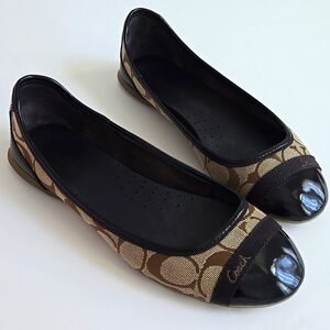 Coach Black Patent and Brown Signature Flats